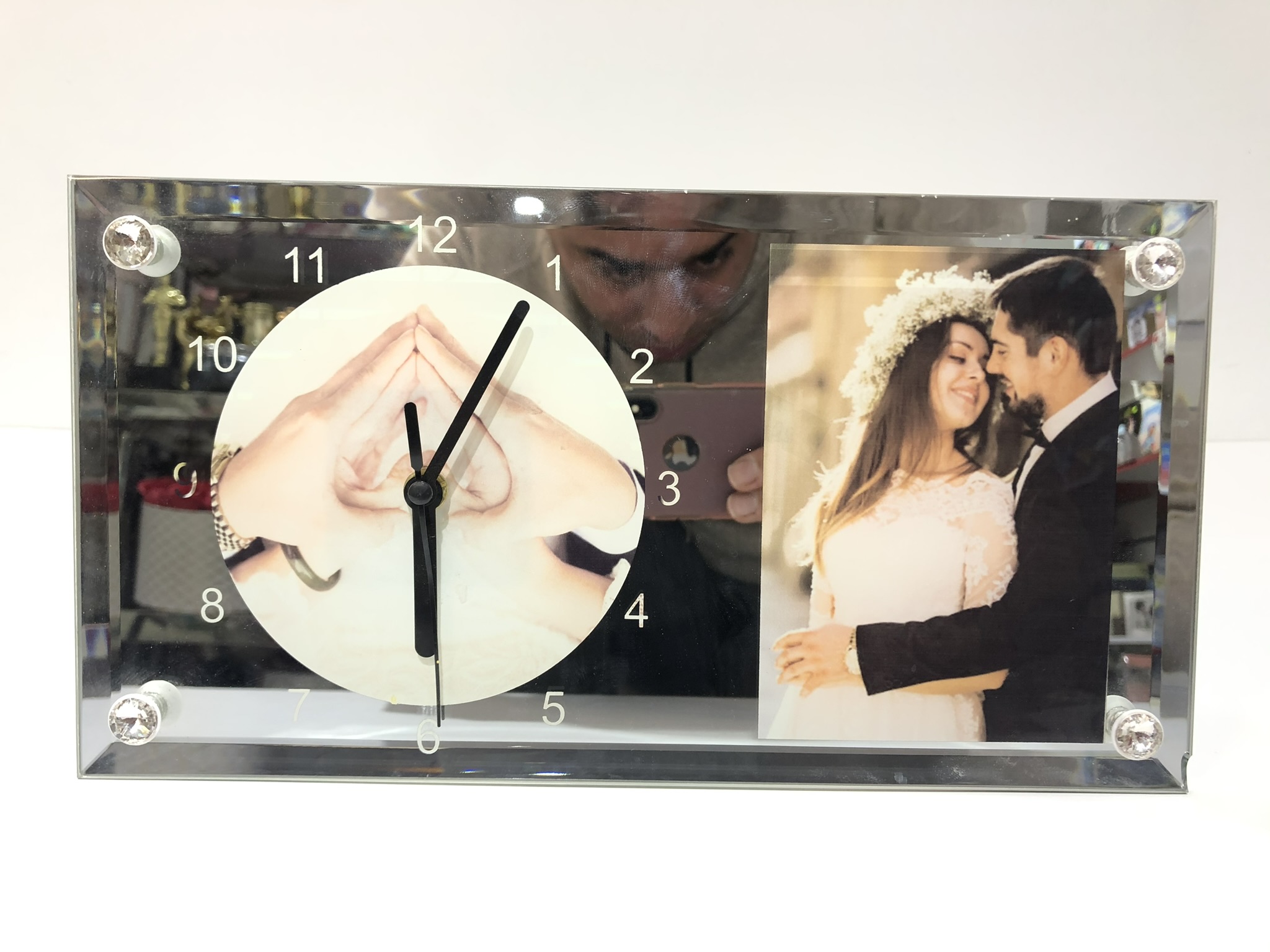 שעון זכוכית מראה יוקרתי בשילוב 2 תמונות אישיות